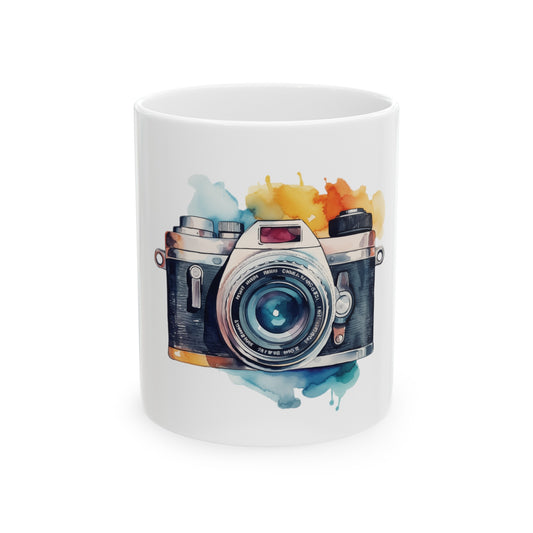Watercolor Camera Ceramic Mug, (11oz)